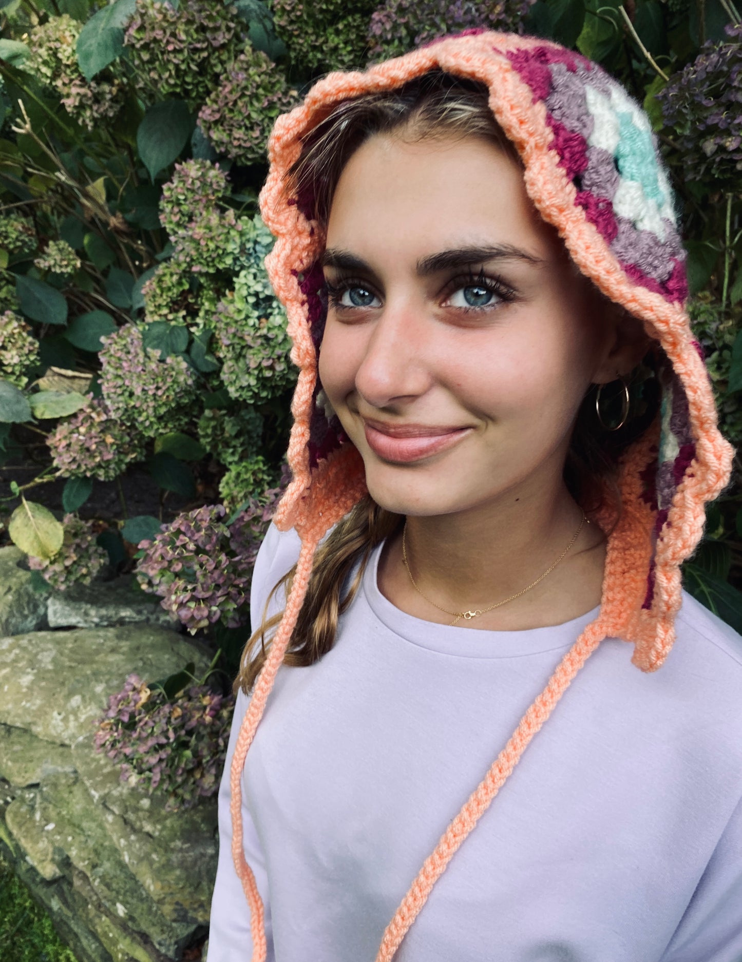 Poppy hand knitted Bonnet/ Hood- Damasque- Teen 12T/ Adult