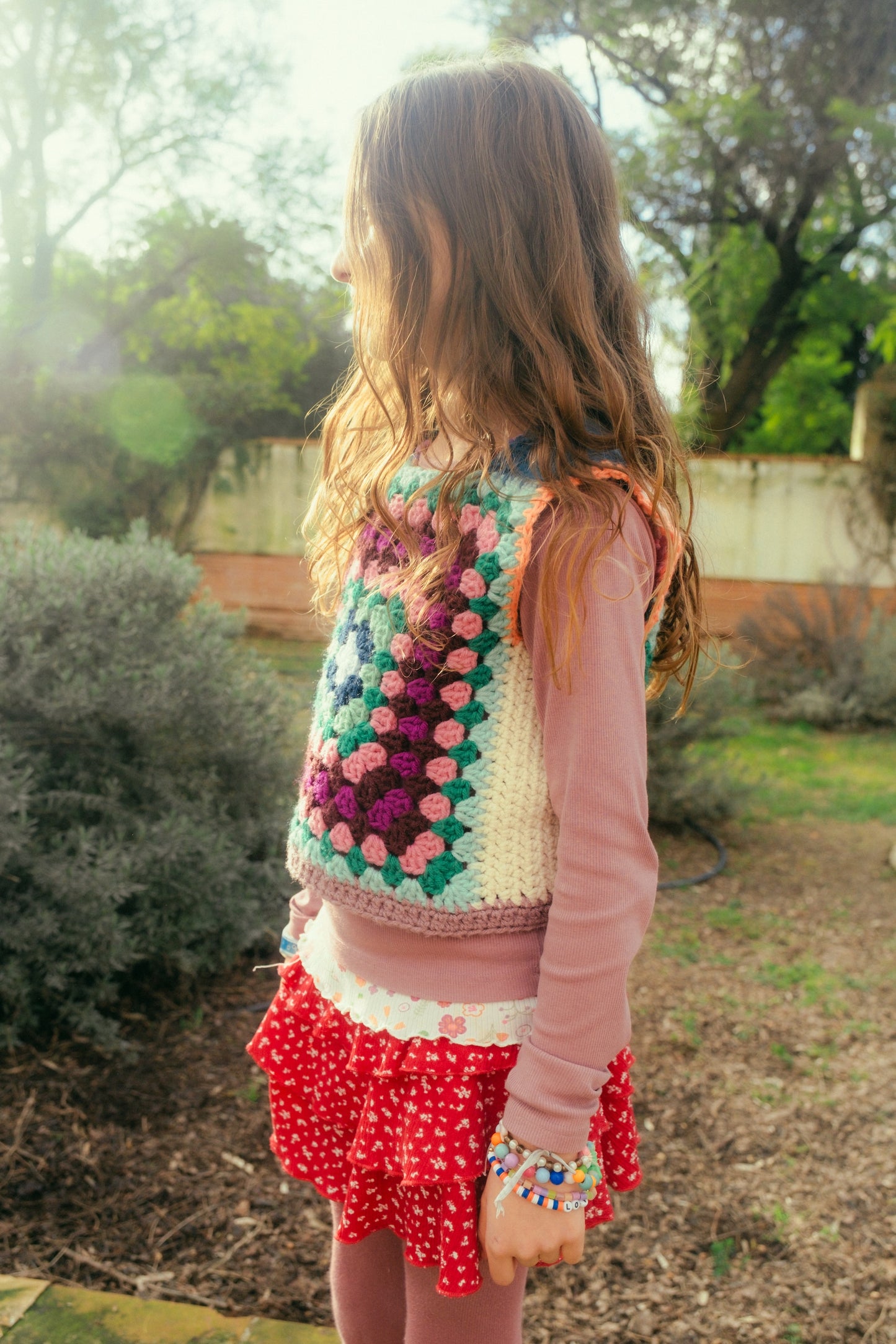 Marvelous Crochet Vest- Multi with Pink & Green- 10/ 12T