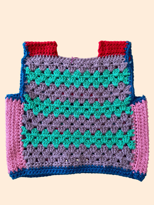 Colorful crocheted vest with a geometric pattern