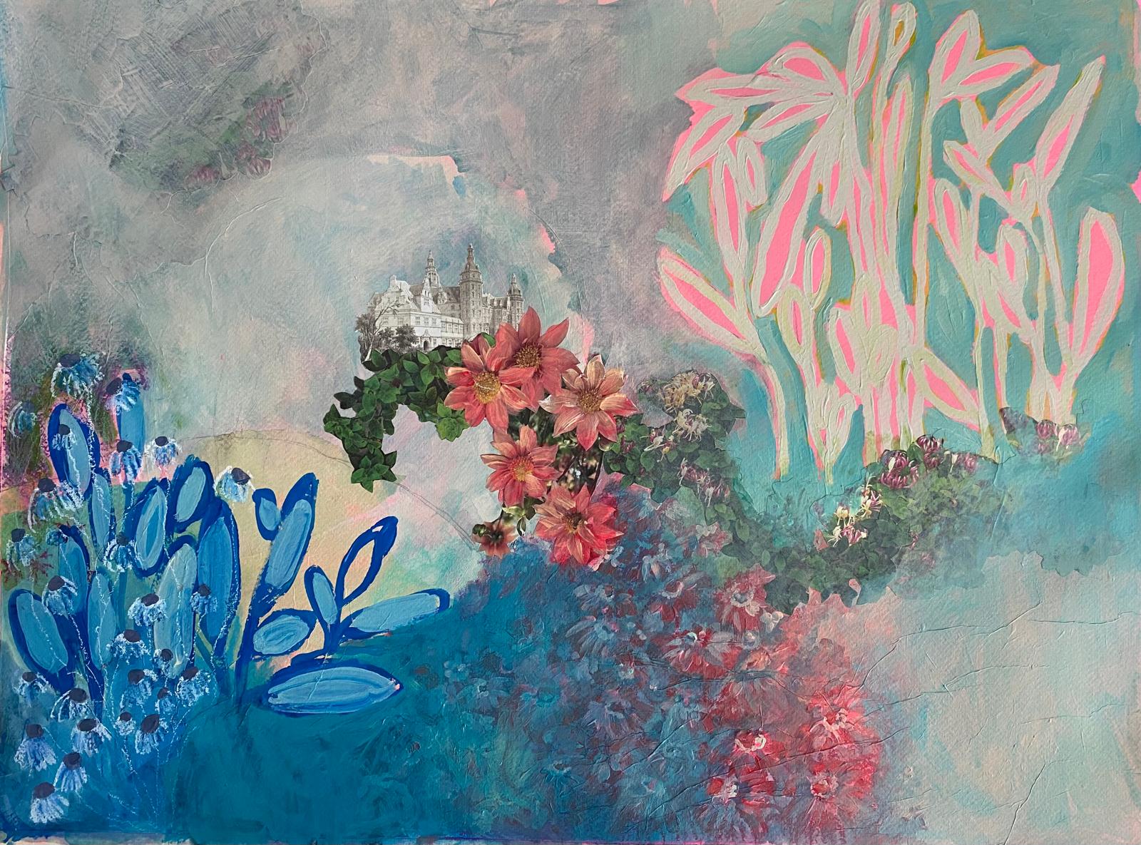 Colorful abstract artwork with floral elements and a castle-like structure.