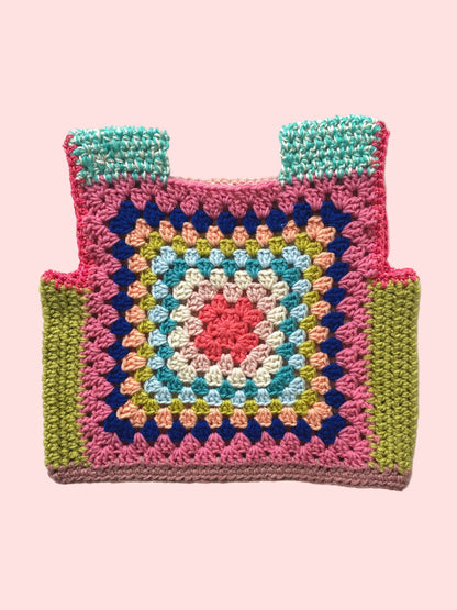 Colorful crocheted granny square vest 