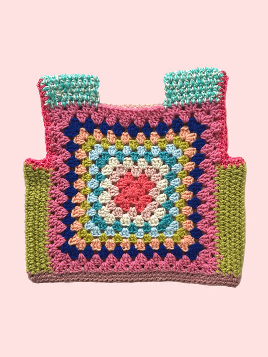 Colorful crocheted granny square vest 