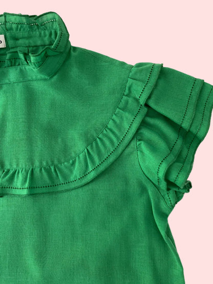Short sleeve green ruffled blouse- Vintage deadstock